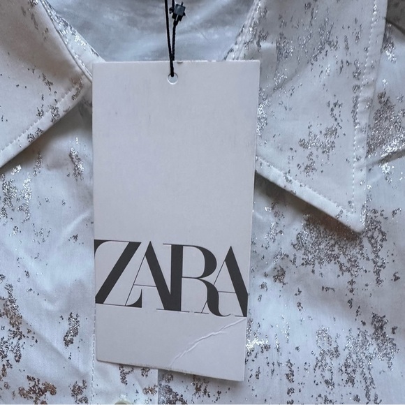 Zara Silver Foil Print Button Down Shirt White Long Sleeve Collared XS - Picture 11 of 12